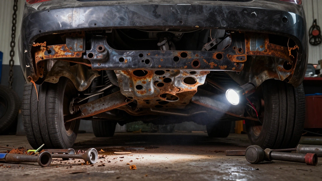 Механик осматривает прогнившее днище Renault Logan в гараже с фонариком.