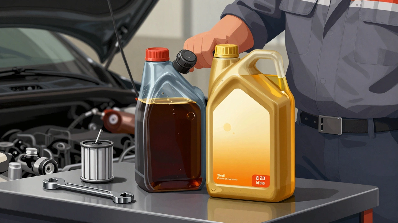 Механик сравнивает грязное и новое моторное масло в прозрачных емкостях на фоне инструментов.