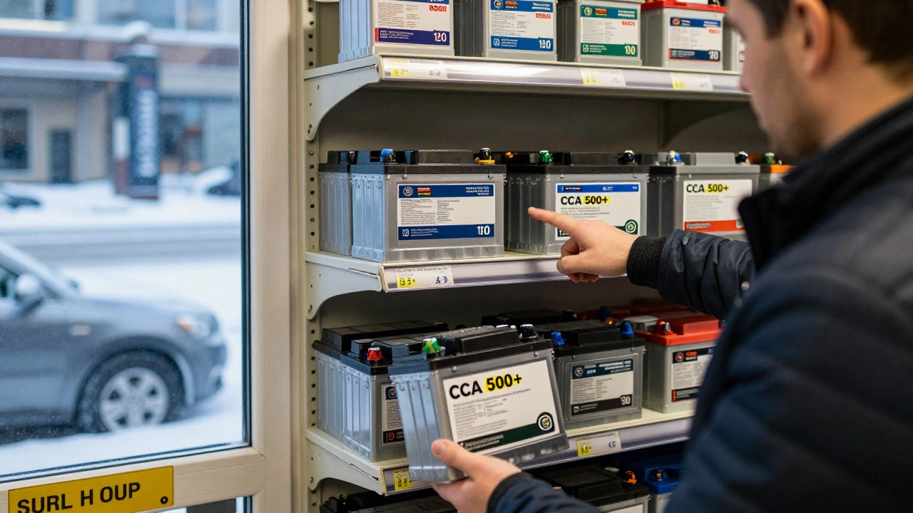 Покупатель выбирает аккумулятор в магазине, игнорируя совет продавца, на фоне брендовых коробок.