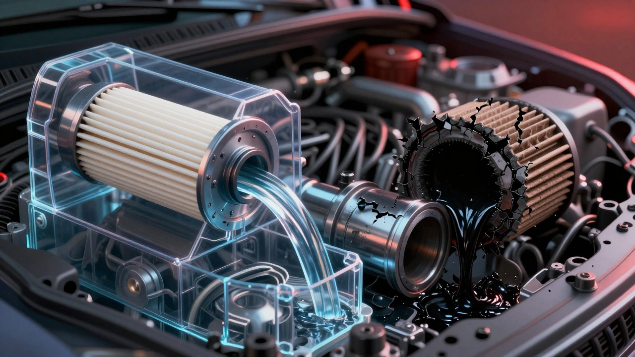 Прозрачный двигатель: чистое масло слева, грязь и отложения справа — символизирует разрушение мотора.