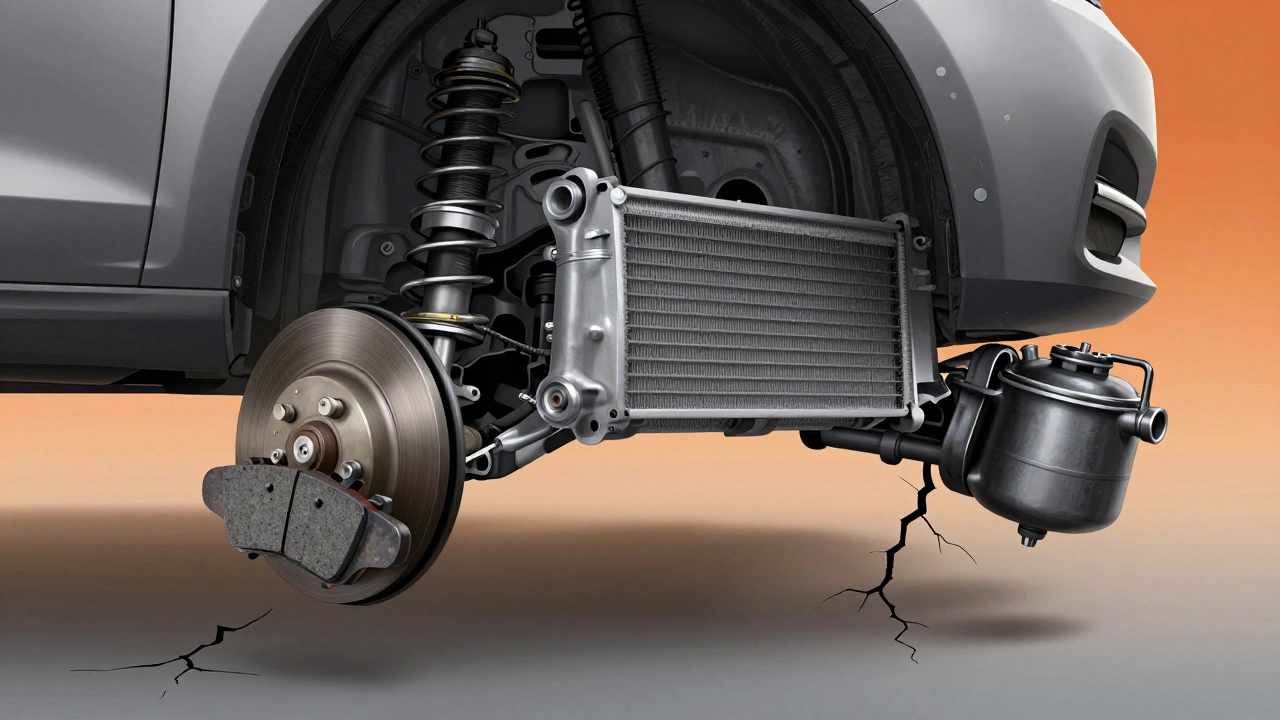 Прозрачный разрез автомобиля, показывающий изношенные тормозные колодки, корродированный радиатор и повреждённые резиновые элементы подвески.