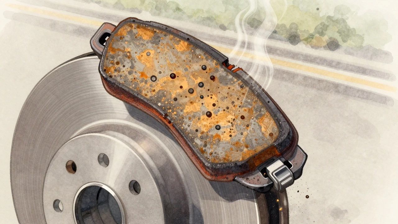 Разрез тормозного диска и колодки во время приработки, видны частицы фрикционного материала, переходящие на диск.