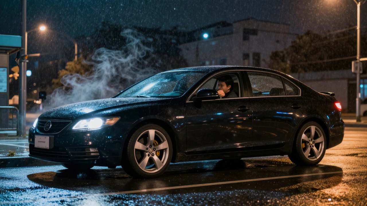Седан тормозит на мокрой улице ночью, снег падает, тормоза слегка парят.