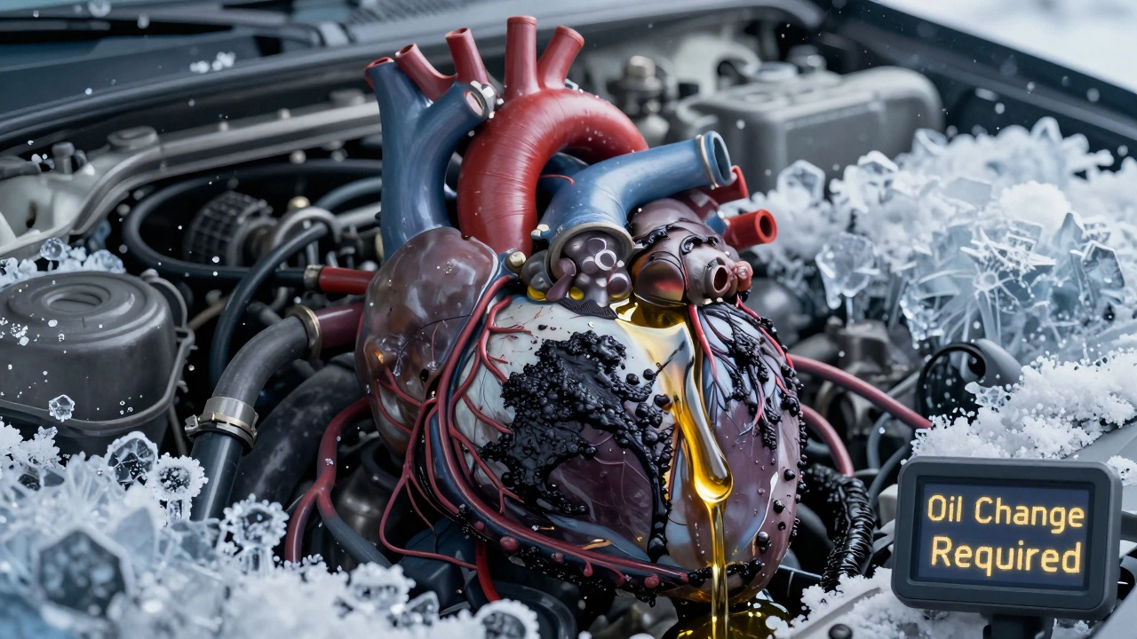 Схематичное изображение двигателя как сердца, забитого грязью, с каплей чистого масла и надписью о замене.