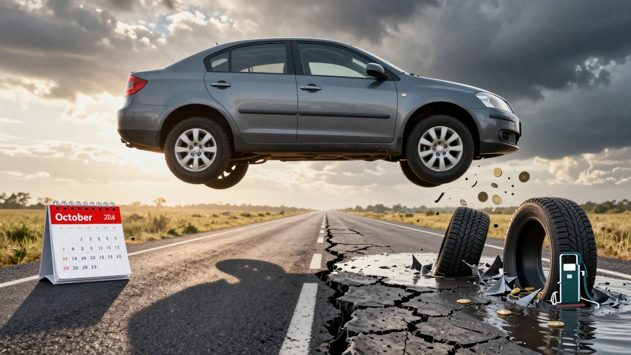 Символическая сцена: машина над расколотой дорогой — одна сторона безопасна, другая — разрушена из-за неподходящих шин.