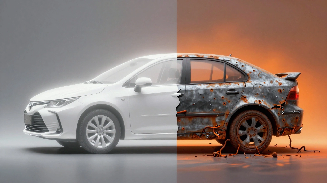 Сравнение двух машин: одна прочная, другая разрушается от ржавчины.