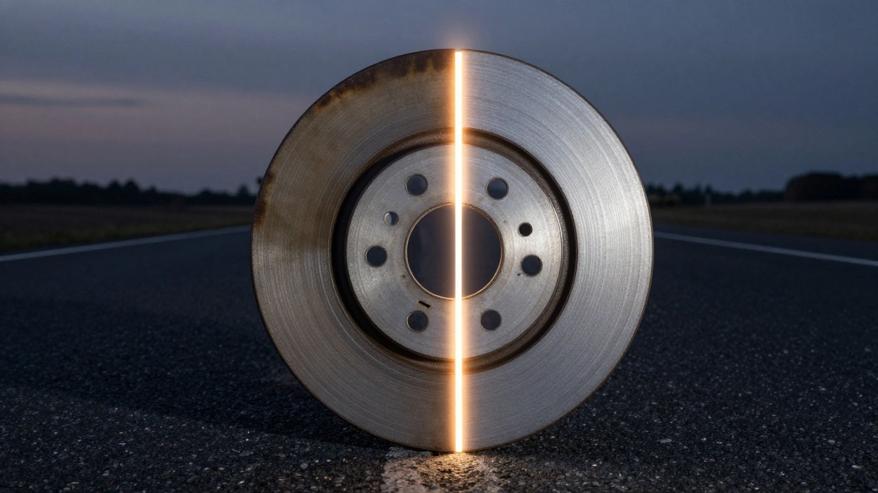 Сравнение изношенного и правильно приработанного тормозного диска, разделённых светящейся линией.