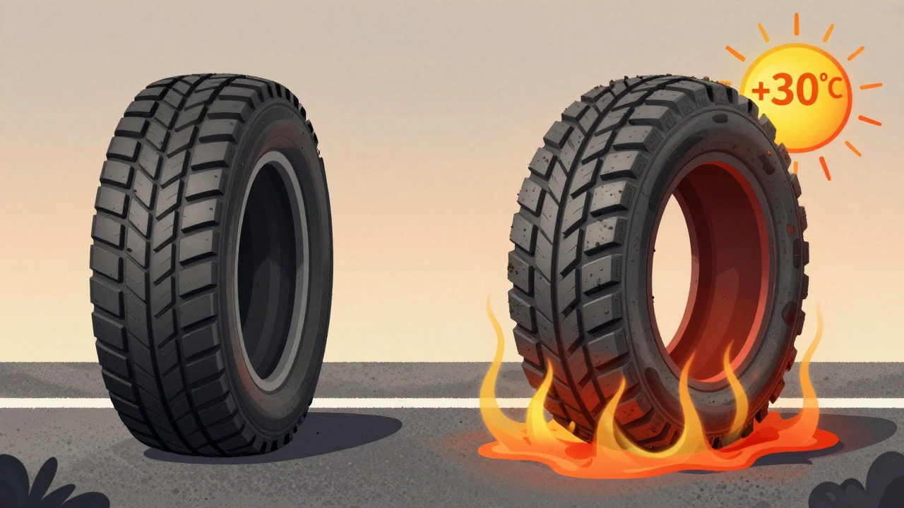 Сравнение поперечных сечений летней и M+S шин под воздействием высокой температуры.