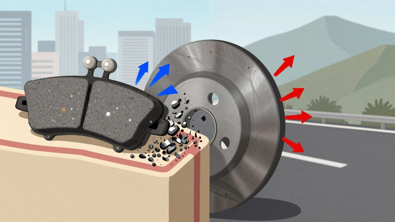 Сравнение структуры керамических и полуметаллических тормозных колодок при торможении.