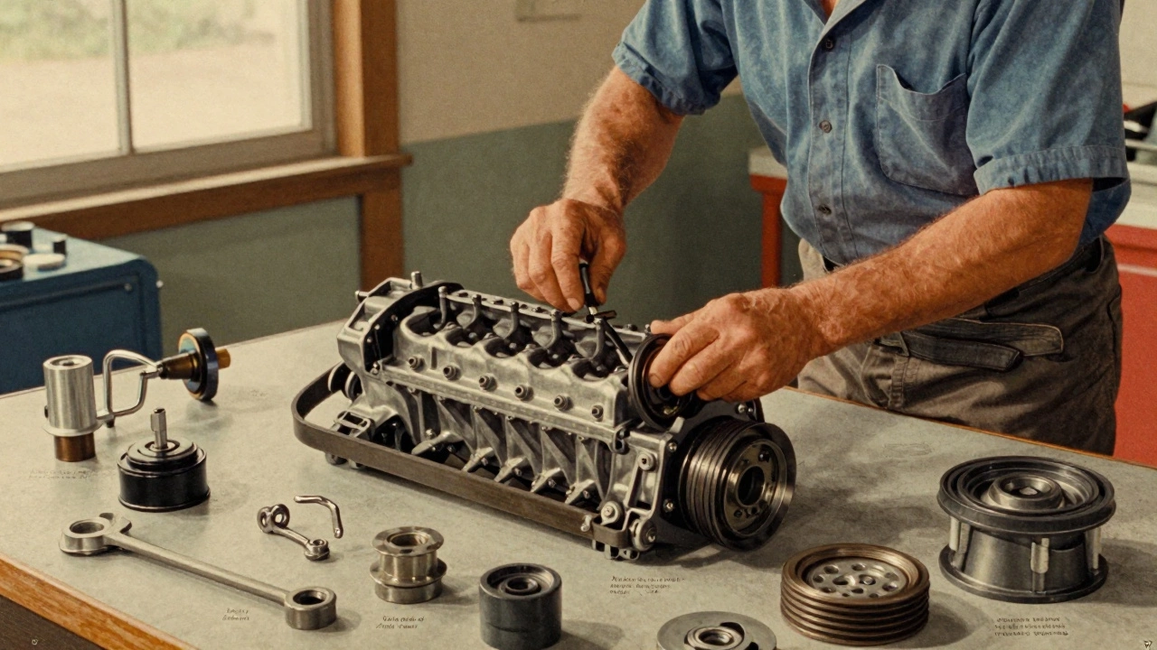 Техник заменяет ремень ГРМ с натяжителем и роликами на двигателе Toyota Corolla.