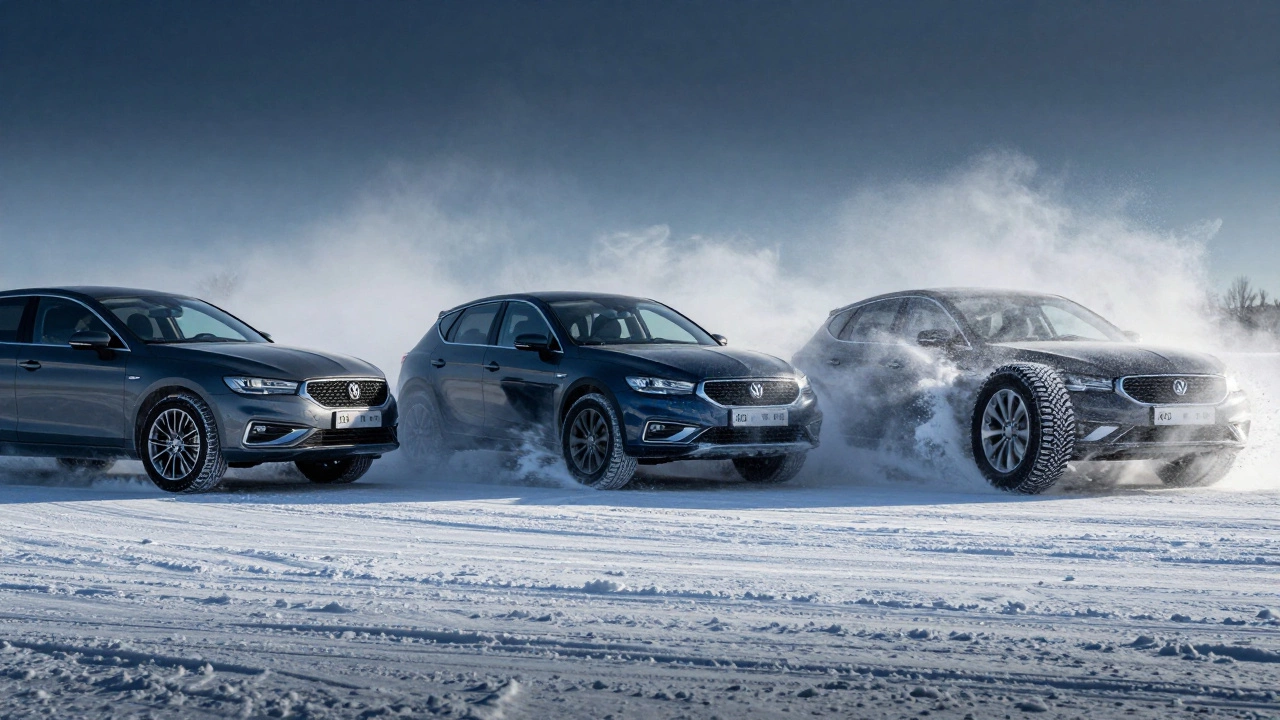 Три машины на льду: одна тормозит коротко, другая скользит, третья — сильно заносит, сравнение тормозного пути.