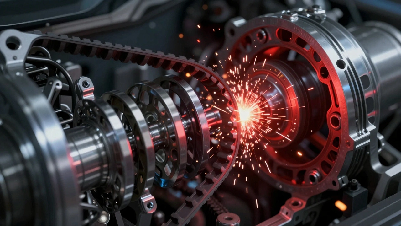 Внутреннее устройство двигателя при обрыве ремня ГРМ: поршень ударяет по погнутому клапану.