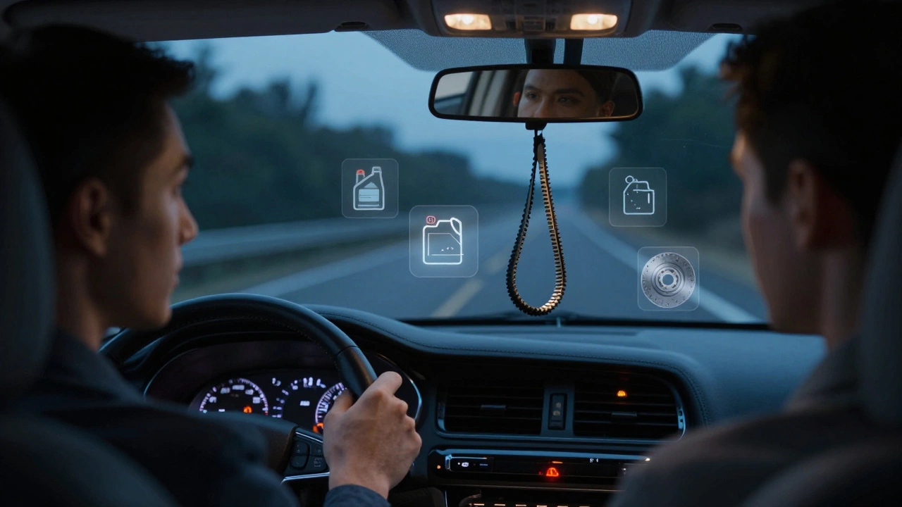 Водитель смотрит на предупреждающую лампу на приборной панели, а в зеркале заднего вида — треснутый ремень ГРМ.