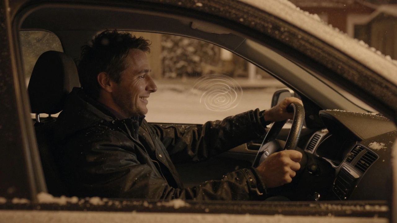 Водитель за рулем в снежную ночь, ощущающий улучшенную отзывчивость двигателя.