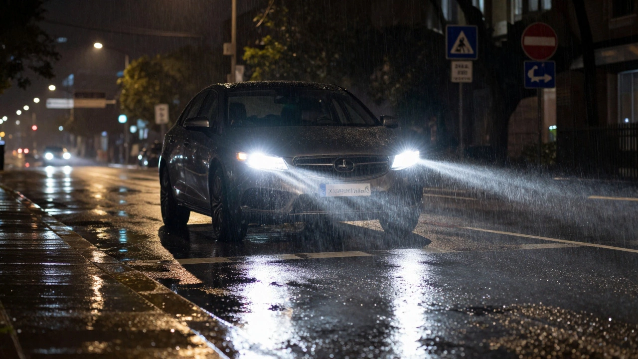 Автомобиль в дожде с Philips четко освещает дорожную разметку