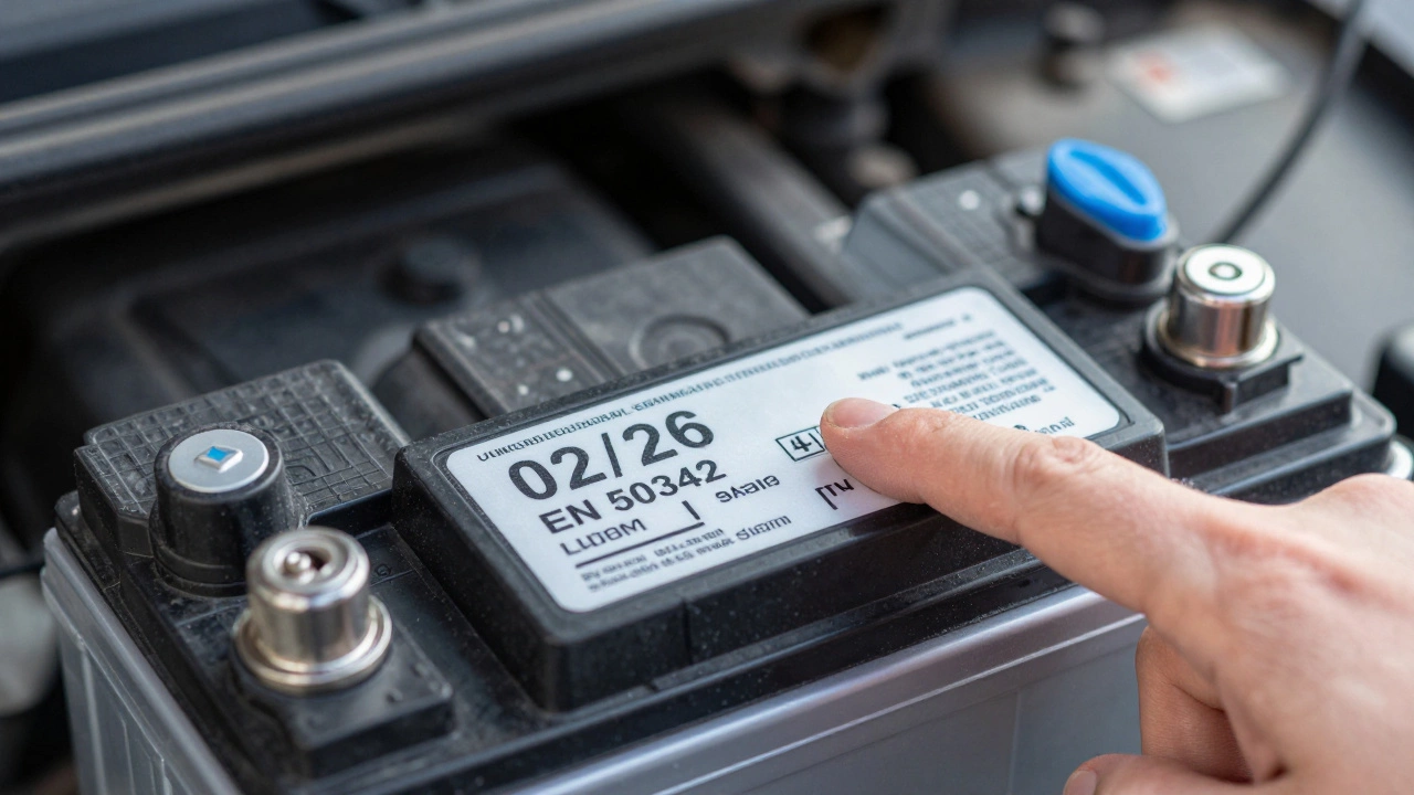 Близкий план этикетки аккумулятора с датой производства, сертификацией и расположением клемм.