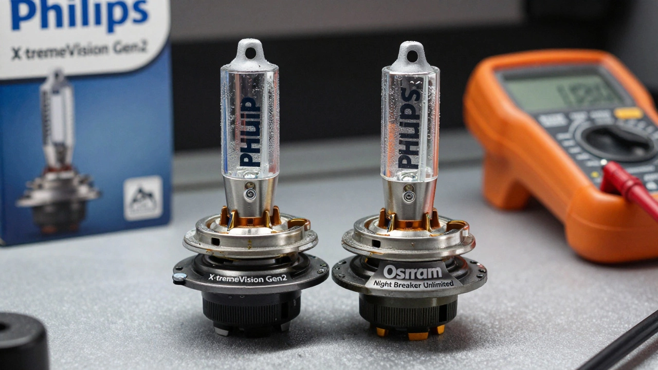 Две premium-лампы H7 на рабочем столе с логотипами Philips и Osram, на упаковке виден сертификат E-mark, на лампах конденсат.