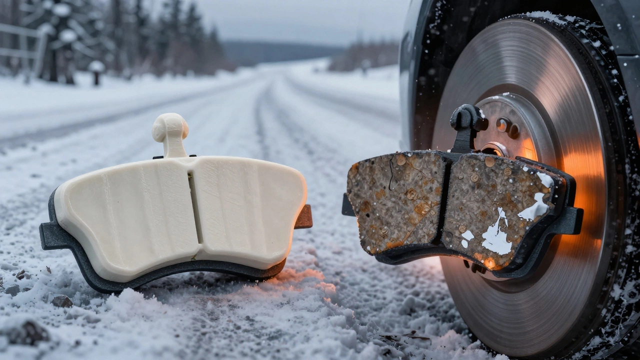 Две тормозные колодки рядом: качественная керамическая и дешевая органическая с дефектами.