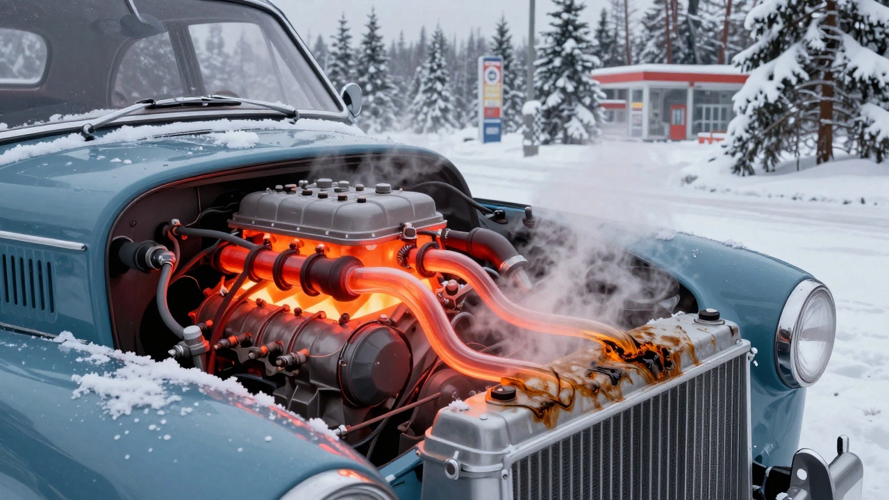 Двигатель старого автомобиля в зимних условиях, с тёплым антифризом, циркулирующим через чистый радиатор, на фоне снежных сосен.