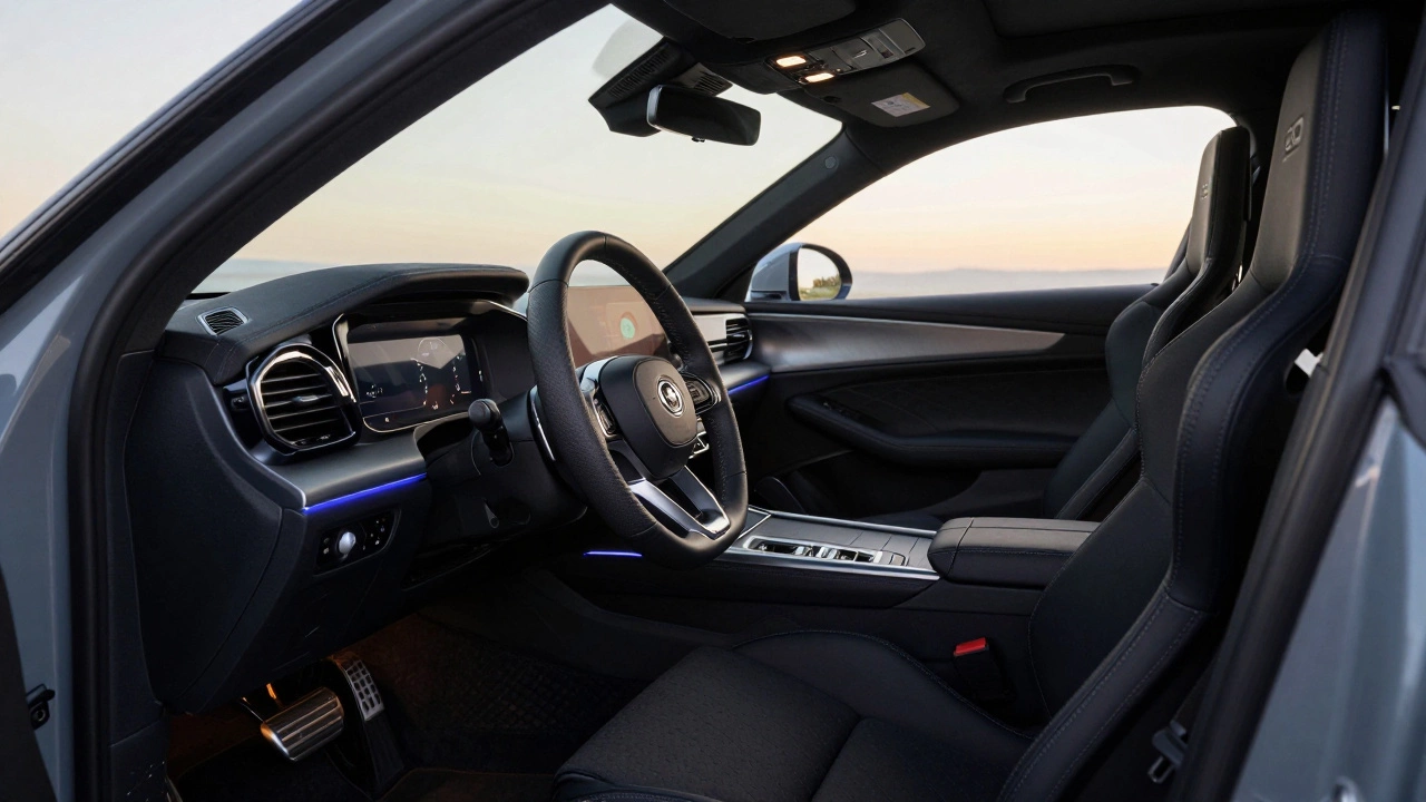 Интерьер автомобиля с улучшенным рулем, сиденьями и звукоизоляцией, водитель держит руль, виден экран камеры 360 градусов.