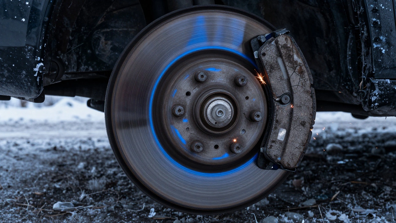 Изношенная тормозная колодка цепляется за поврежденный диск, видны следы перегрева и скрежет.