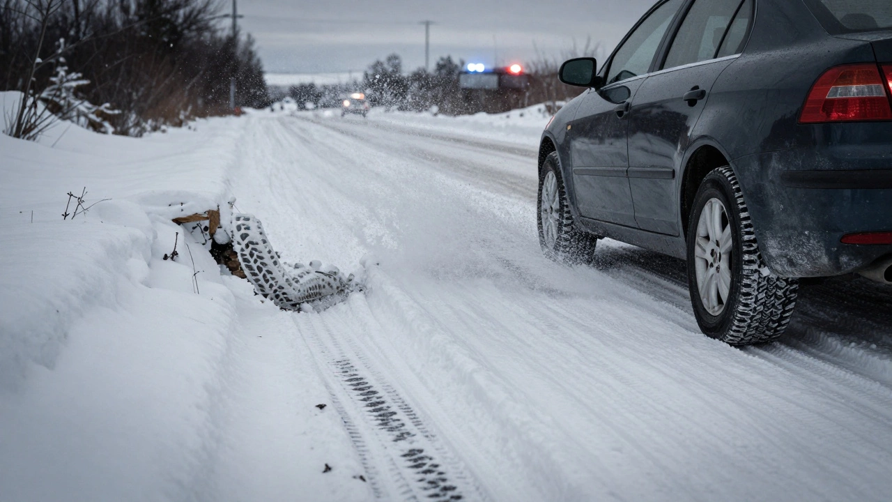 Машина в кювете на снегу, рядом — другая машина на зимних шинах, остановившаяся вовремя