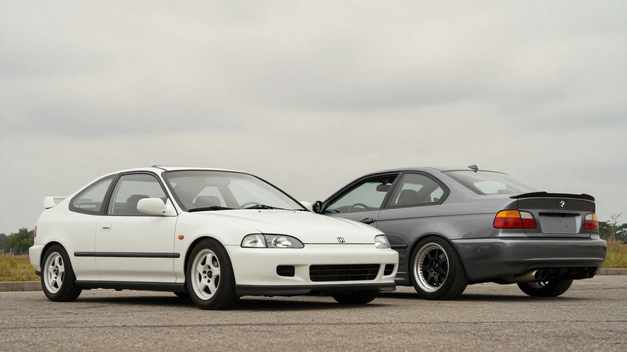 Minimalist Honda Civic EG next to a heavily modified BMW, showing contrast between JDM harmony and loud tuning.