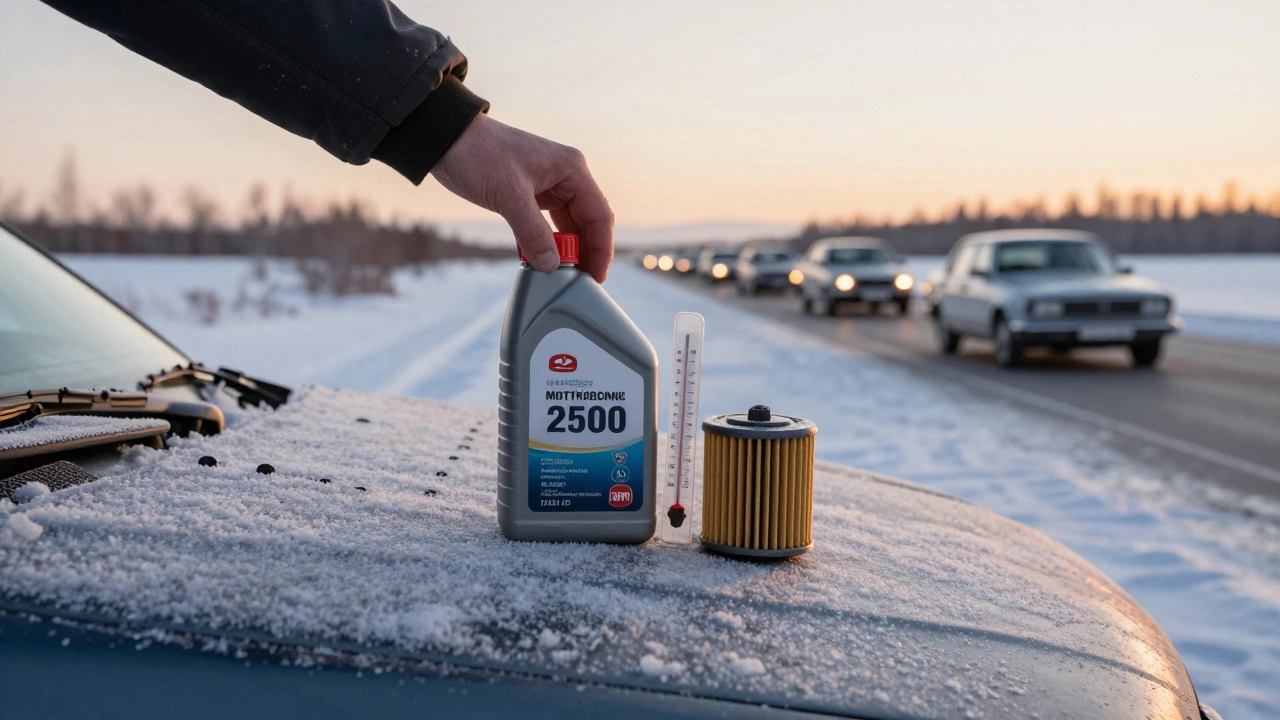 Рука кладёт на снежную крышу машины бутылку масла, воздушный фильтр и термометр с цифрой 2500, за ними — дорога в снежную даль.