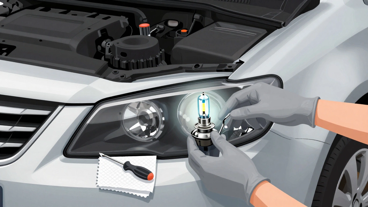 Руки водителя устанавливают лампу H7 в фару автомобиля, надеты перчатки, виден свет через линзу, рядом лежат отвертка и салфетка.