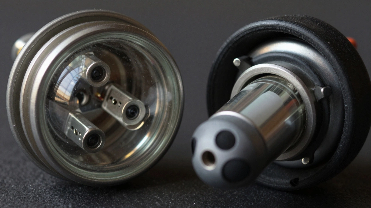 Сравнение цоколей ламп H4 и H7 с видимыми нитями накаливания и контактами.