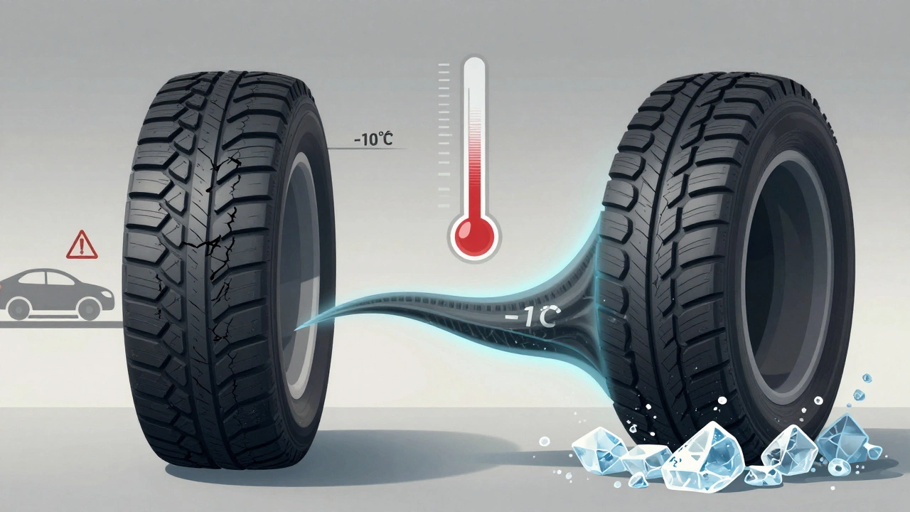 Сравнение структуры зимней и всесезонной шины при морозе, резина на морозе становится хрупкой