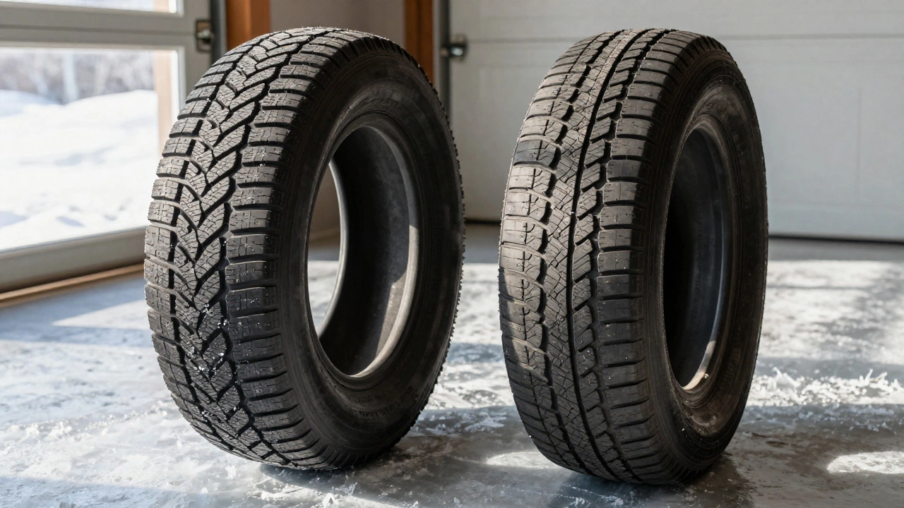 Сравнение зимних и всесезонных шин на фоне гаража: одна держит лед, другая треснула от холода.