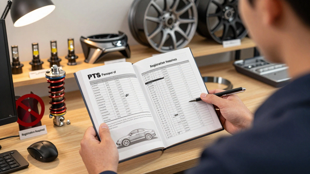 Техник рассматривает ПТС автомобиля с выделенными параметрами, рядом — разрешённые детали тюнинга.