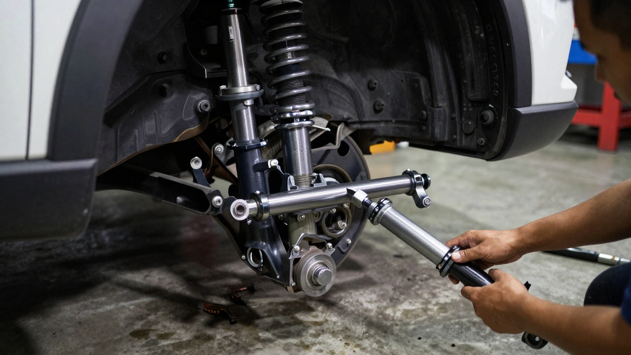 Техник устанавливает стабилизатор поперечной устойчивости и амортизаторы на подвеску внедорожника в мастерской.