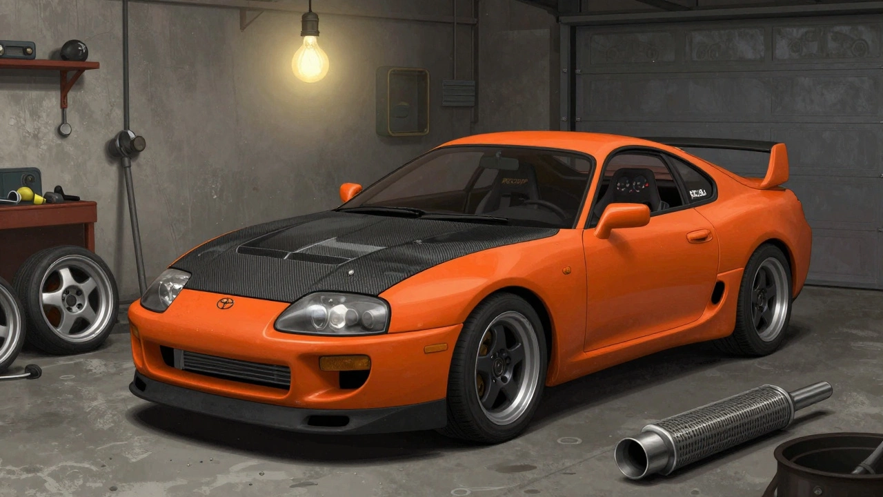 Toyota Supra A80 in a Russian garage with JDM parts and Recaro seats under a single hanging light.