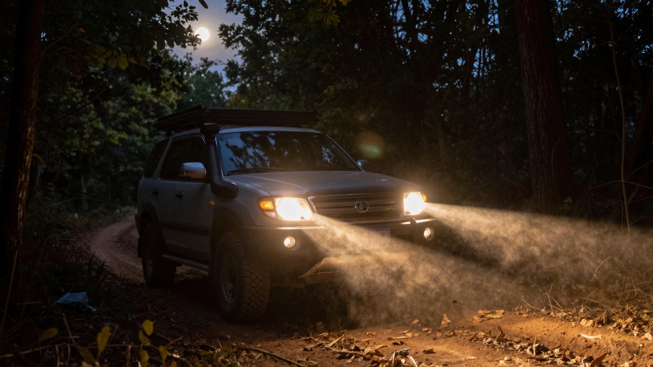 Внедорожник на лесной дороге ночью с фарой H4, освещающей путь впереди.