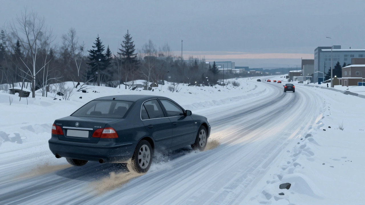Автомобиль на ледяной дороге Иркутска, вокруг колес — частицы абразива, символизирующие износ тормозных накладок.