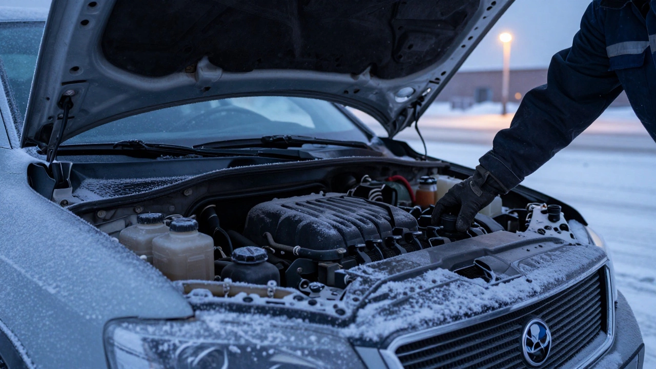 Автомобильный двигатель открыт в зимний день с инеем на деталях