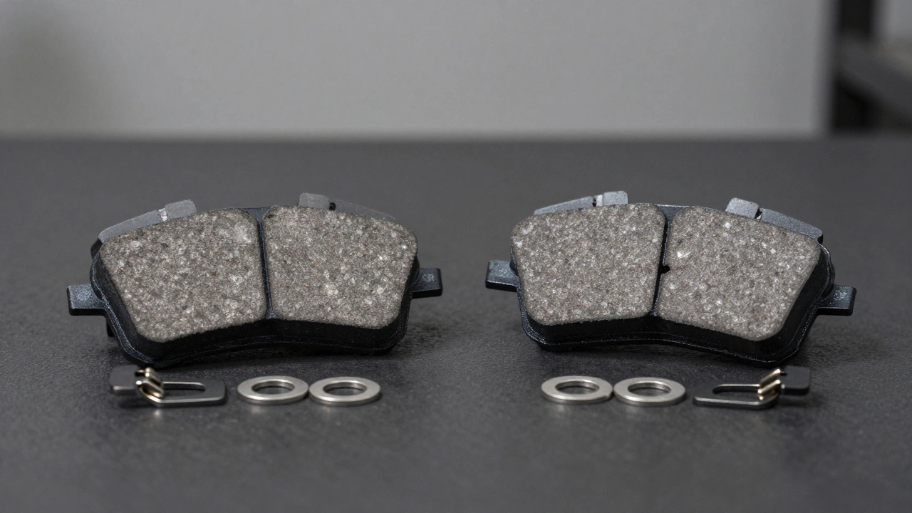 Две новые пары тормозных колодок на верстаке для замены