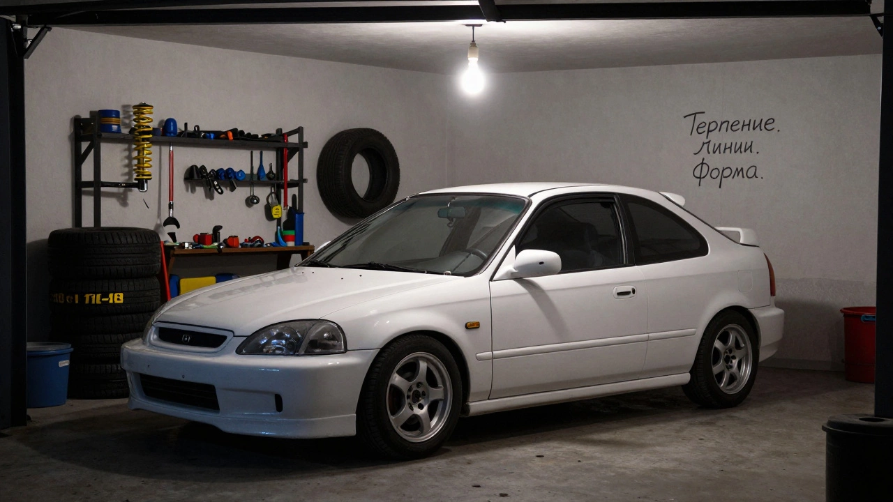 Honda Civic в гараже в Иркутске с низкой подвеской и минималистичными дисками.