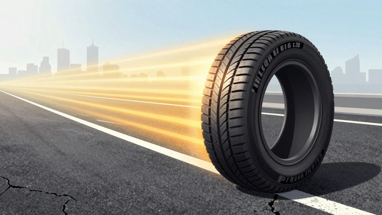 Летние шины на раскалённом асфальте с видимым износом протектора и тепловыми волнами.