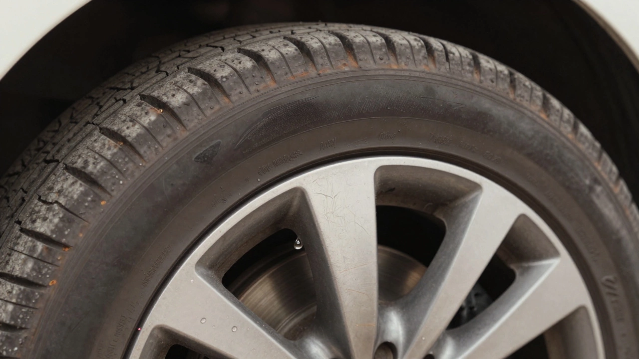 Макро-вид деформированной шины с трещинами и ржавым тормозным диском.