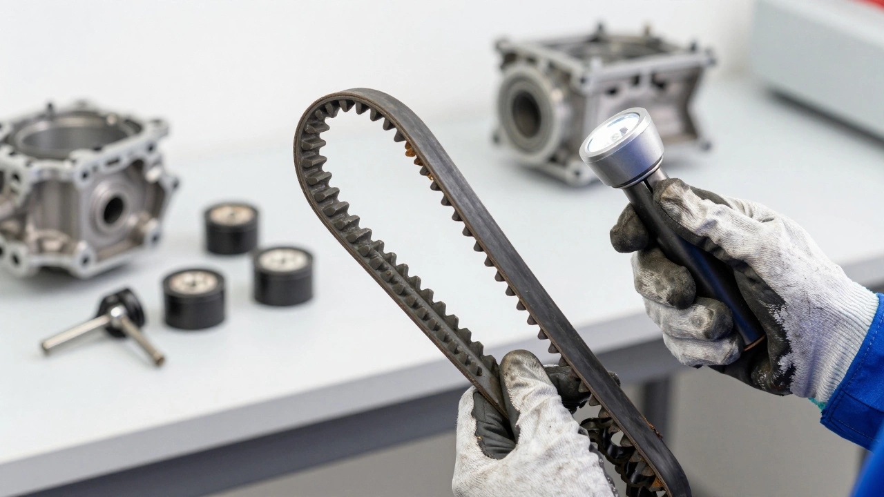 Механик осматривает ремень газораспределения на наличие трещин.