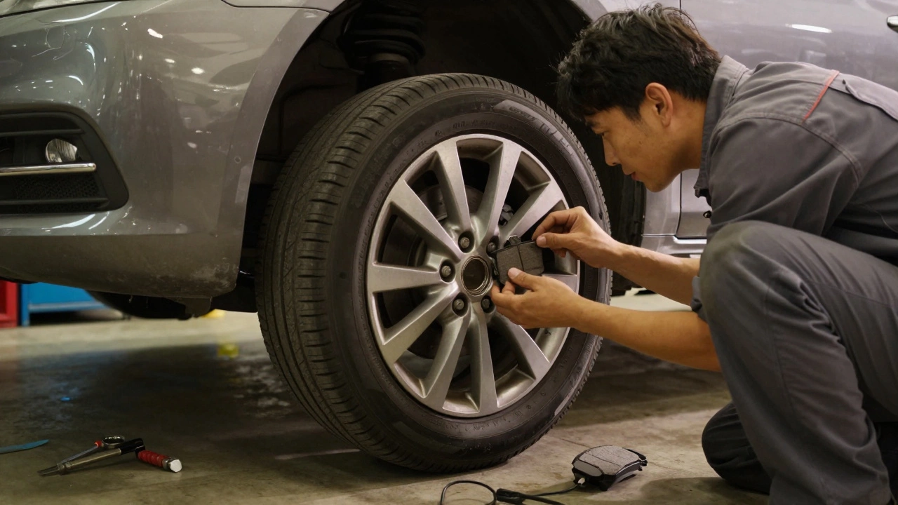 Механик осматривает тормозной диск через отверстия в колесе