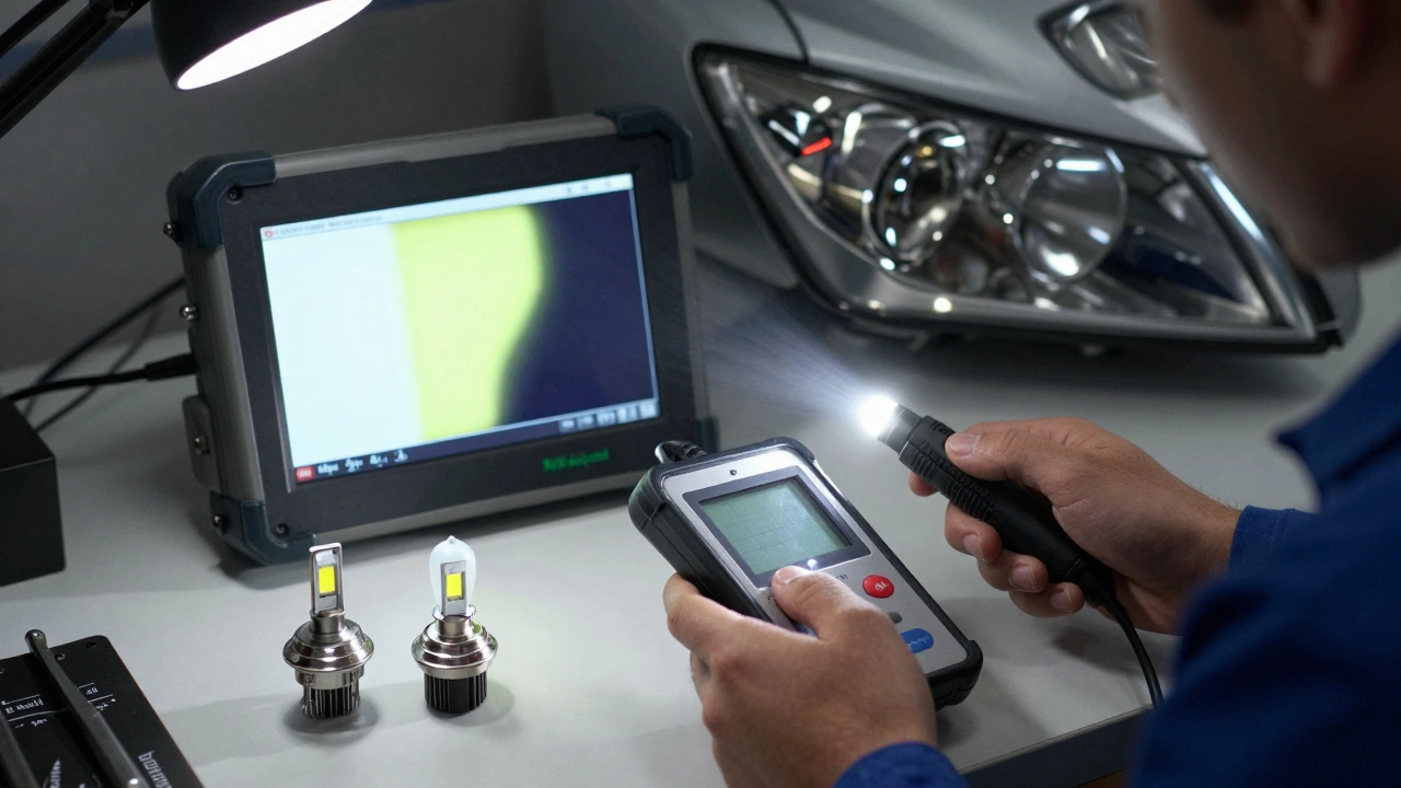 Механик проверяет световой пучок фары с помощью портативного анализатора, на столе лежат светодиодные и галогеновые лампы с маркировками.