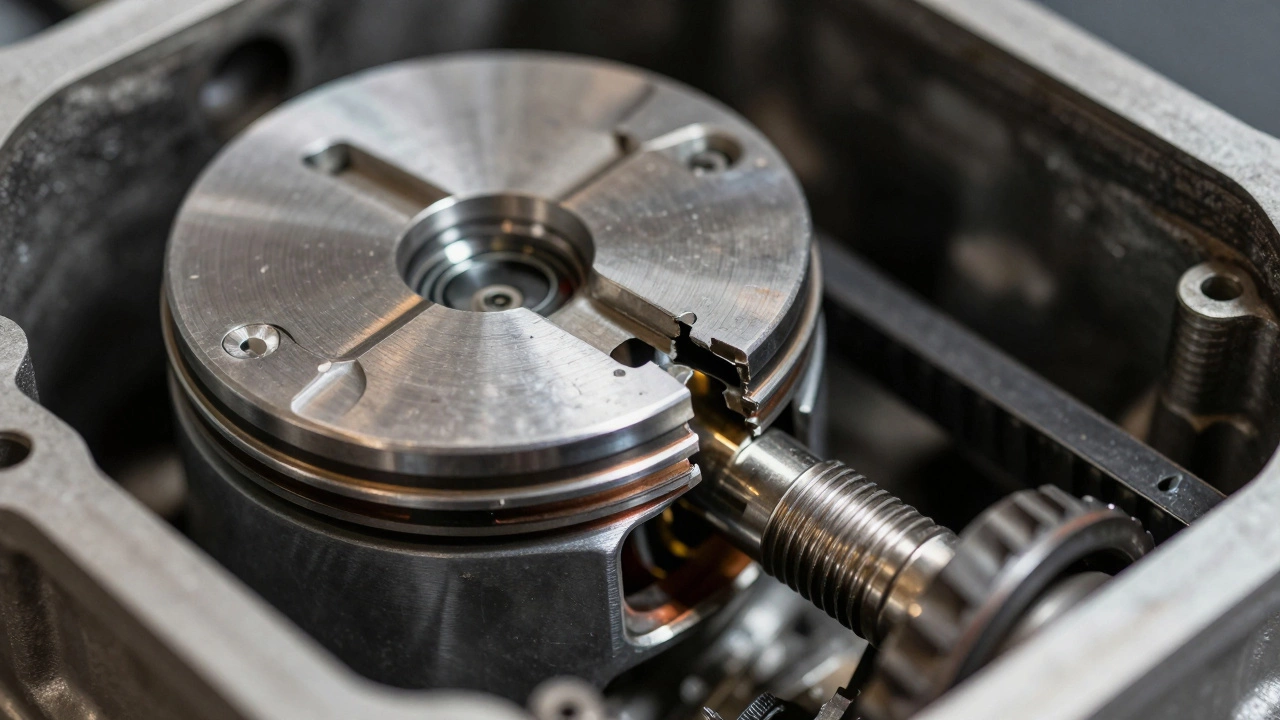 Поврежденные детали двигателя: гнутый клапан и поршень в цилиндре.