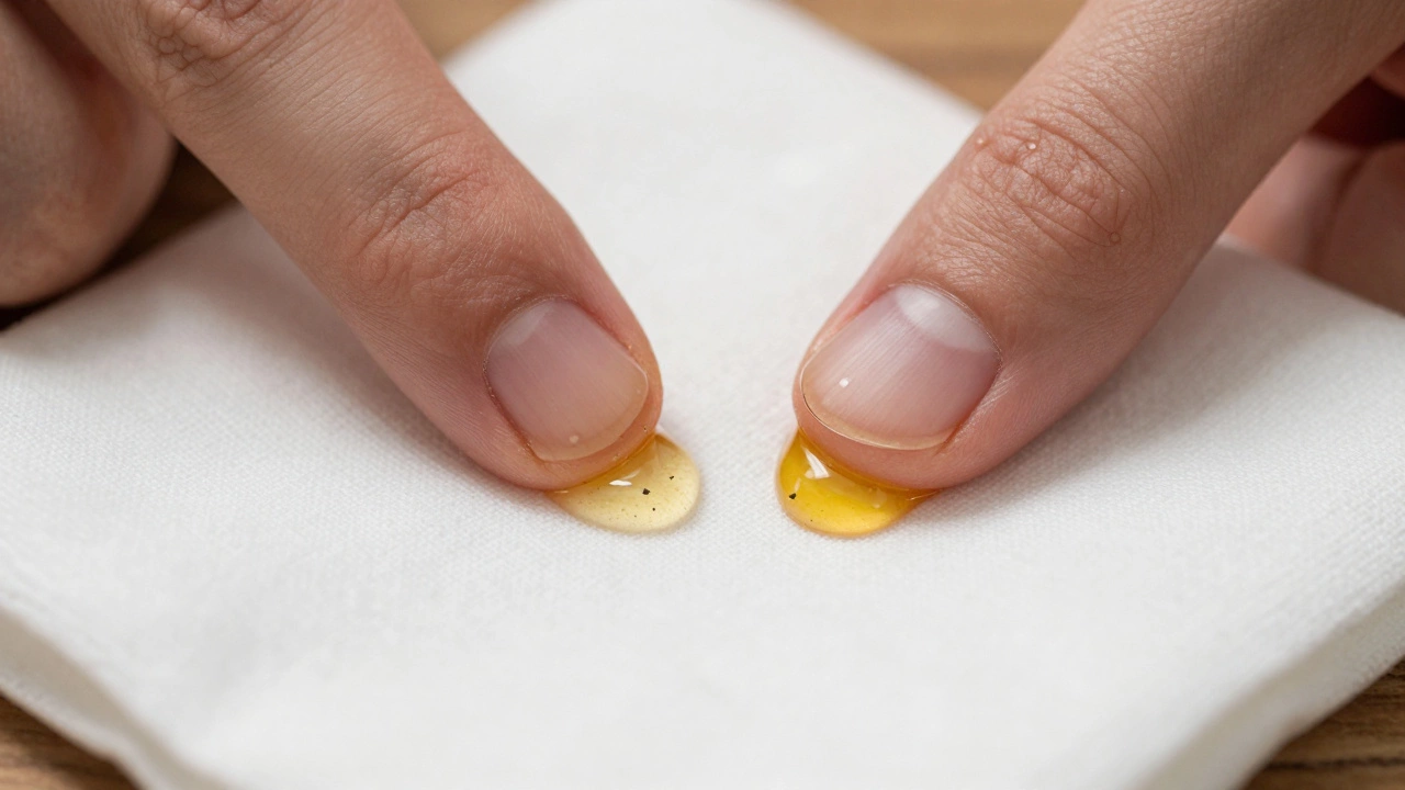 Проверка консистенции моторного масла пальцами на белой ткани