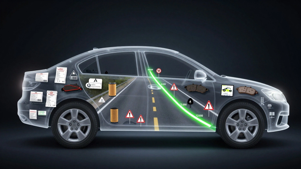 Прозрачная машина с иконками обслуживания и дорожным маршрутом, подсвечивающая оптимальный пробег