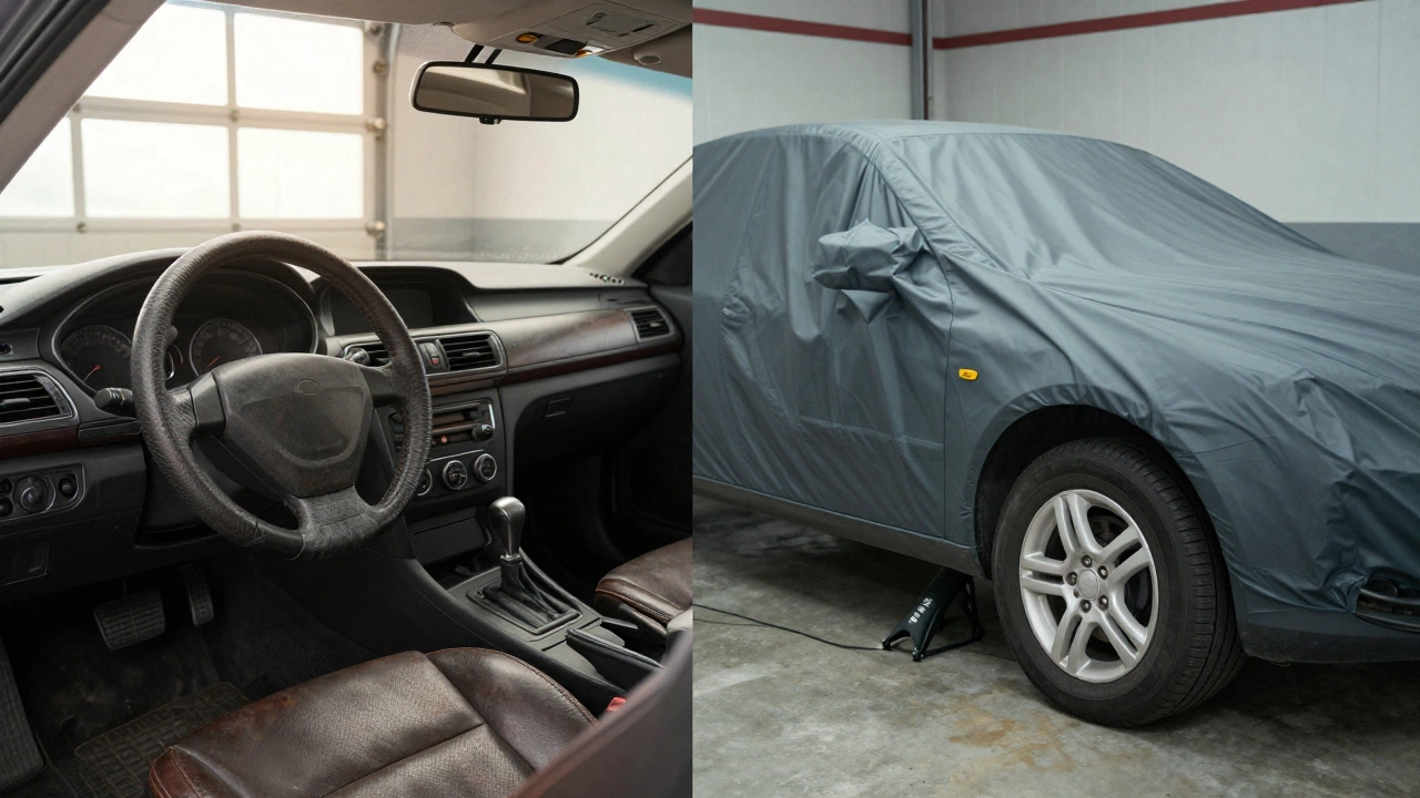 Сравнение автомобиля в состоянии простоя и с профилактическими мерами: поднятым на домкраты и закрытым тканью.