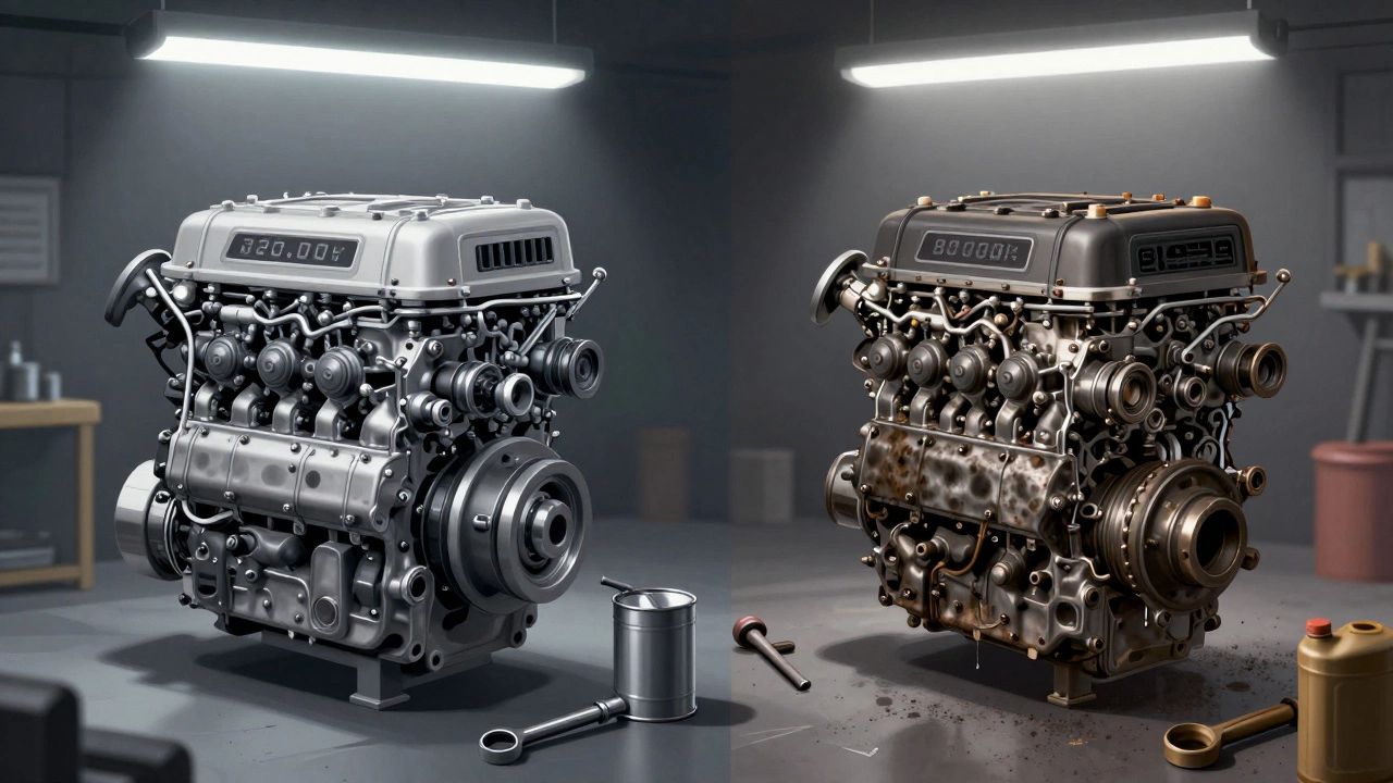 Сравнение двух двигателей: один чистый и ухоженный, другой загрязнённый, в автосервисе